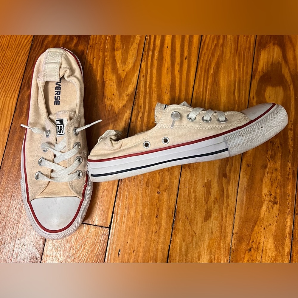 Converse All Star Cream Red Blue Canvas Laced Slip On Low Top Sneakers Women’s 7